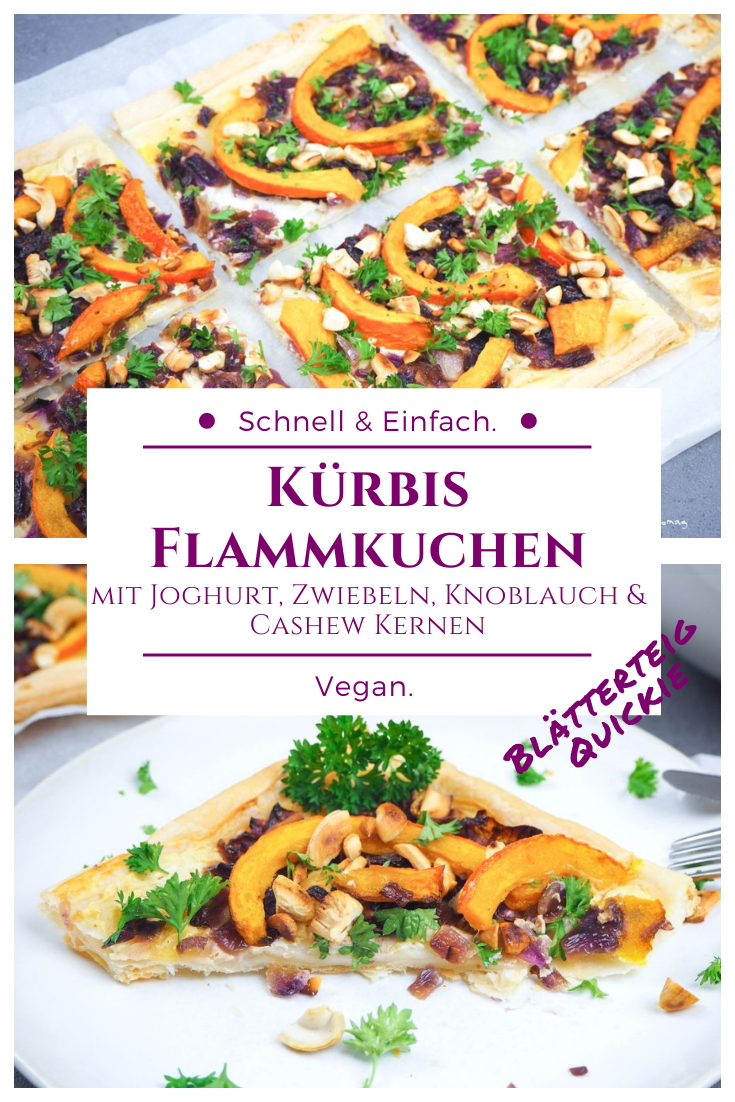 Blätterteig Quickie - Kürbis Flammkuchen mit Joghurt, Zwiebeln, Knoblauch und Cashew Kernen