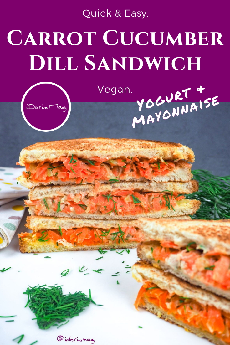 Vegan carrots & cucumber sandwich with dill, yogurt, mayonnaise, and lemon juice