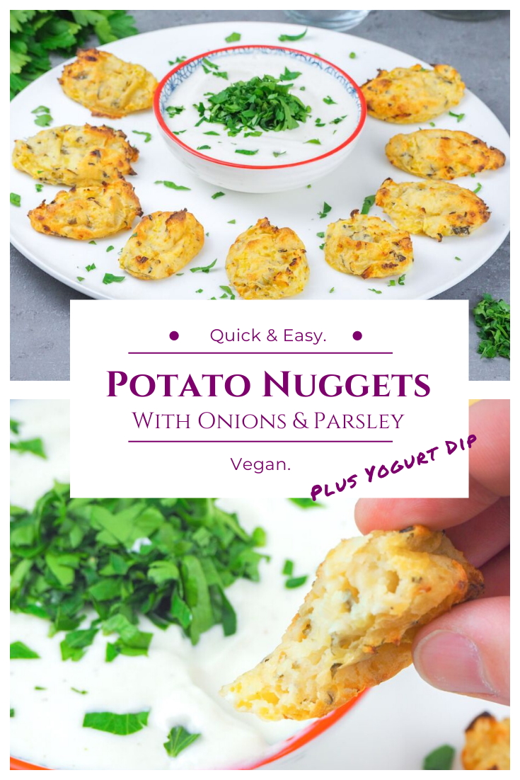 Vegan Potato Nuggets with onions & Parsley with yogurt dip