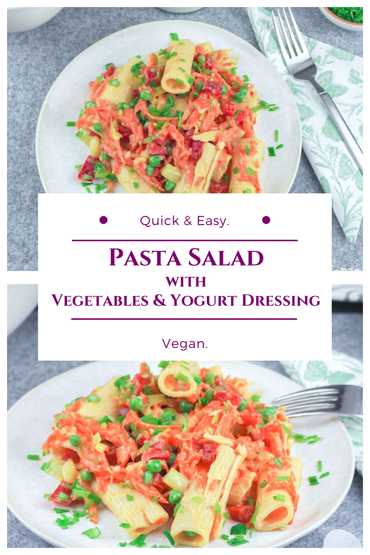 Easy vegan pasta salad with vegetables and with a light yogurt dressing
