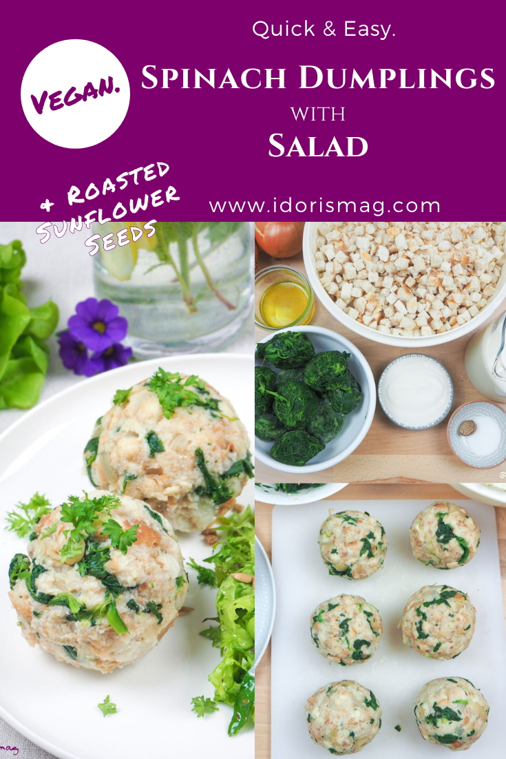 Vegan Spinach Bread Dumplings - With a salad an roasted sunflower seeds
