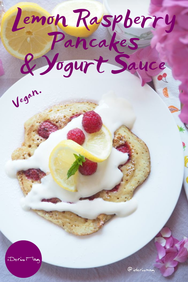 Vegan Lemon Raspberry Pancakes with Yogurt Sauce - Vegan Recipe - Plant-based Recipe