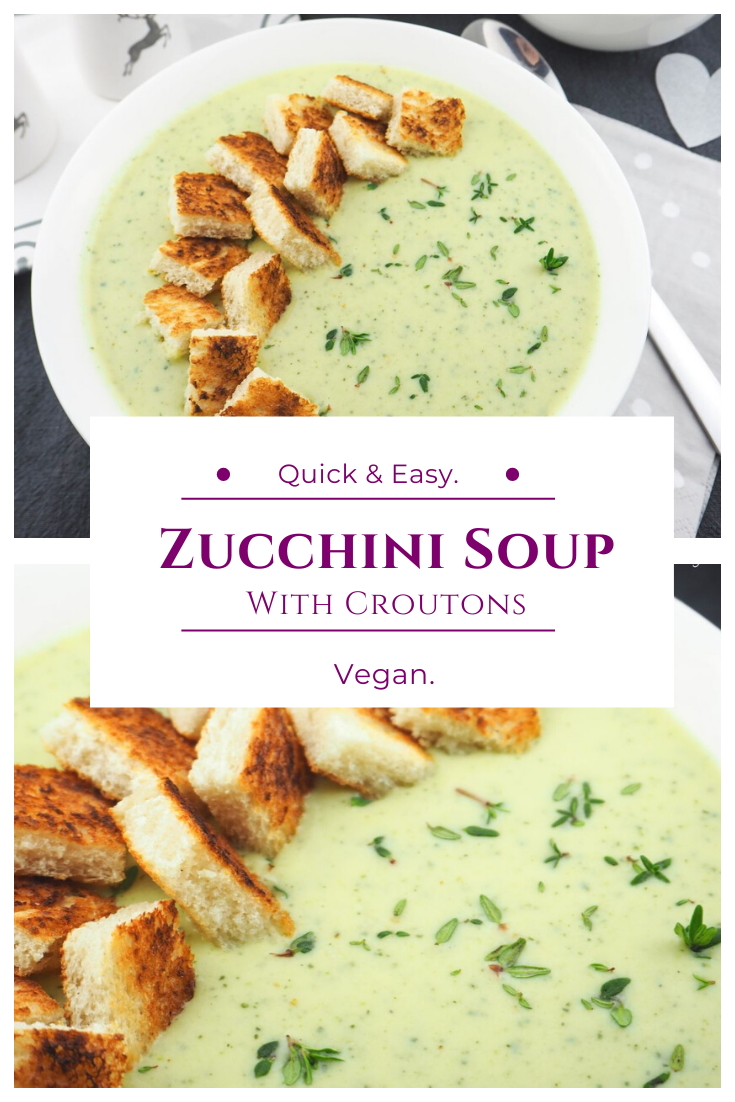 Vegan creamy zucchini soup with coconut milk and crunchy croutons