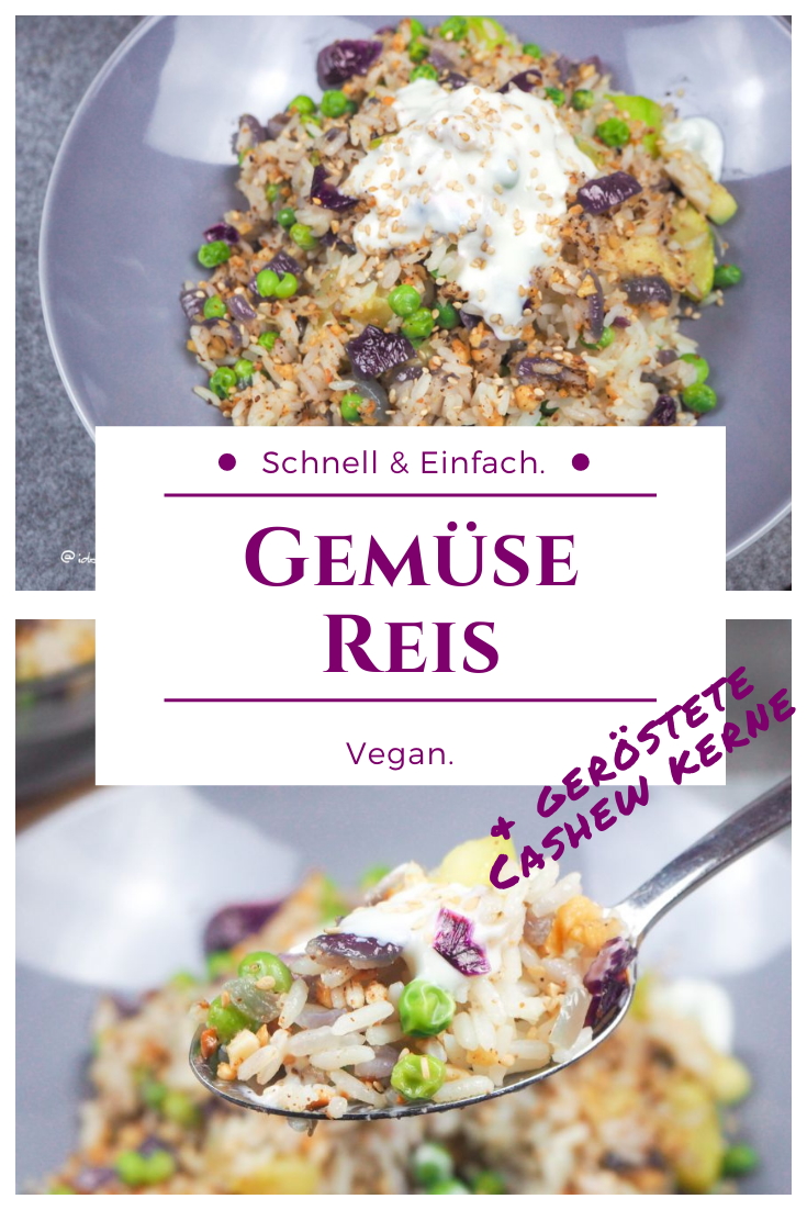 Gemüse Reis mit roten Zwiebeln, Zucchini, Erbsen und gerösteten Cashews - Veganes Alltags Rezept